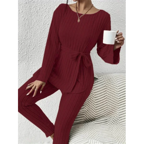 Kadın Uzun Kollu Tek Omuzu Açık Belden Kuşaklı şardonlu Kaşkorse Bluz Ve Tayt Pantolon