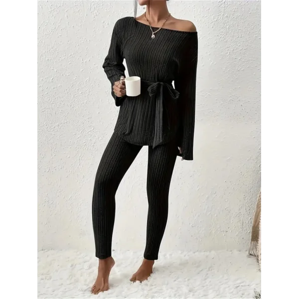 Kadın Uzun Kollu Tek Omuzu Açık Belden Kuşaklı şardonlu Kaşkorse Bluz Ve Tayt Pantolon