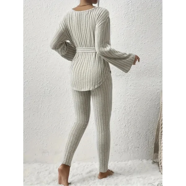 Kadın Uzun Kollu Tek Omuzu Açık Belden Kuşaklı şardonlu Kaşkorse Bluz Ve Tayt Pantolon