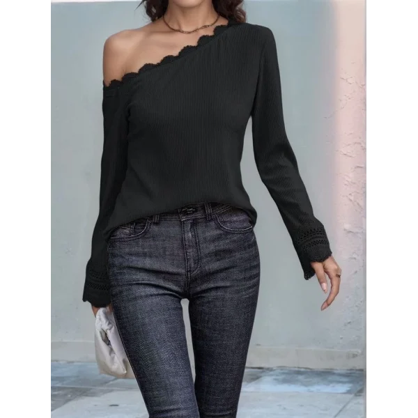 Kadın Uzun Kollu Tek Omuzu Açık Dantelli Burgu Bluz