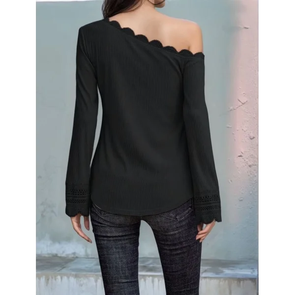 Kadın Uzun Kollu Tek Omuzu Açık Dantelli Burgu Bluz