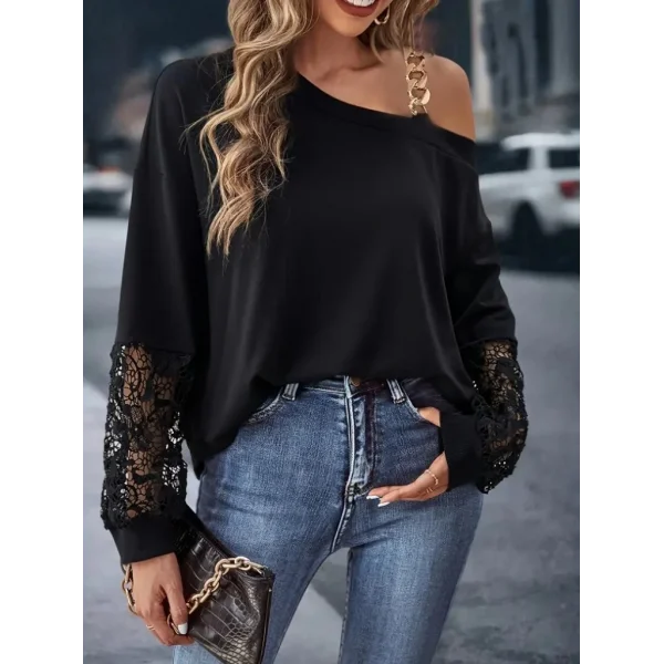 Kadın Uzun Kollu Tek Omuzu Açık Dantelli Viskon Iki Iplik Bluz