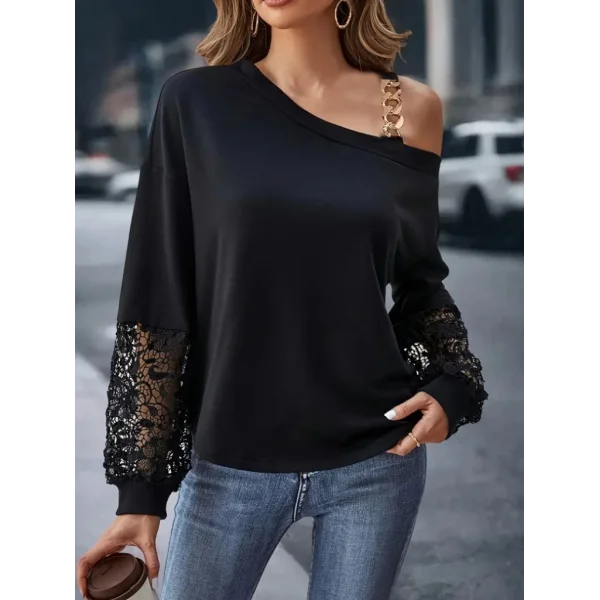 Kadın Uzun Kollu Tek Omuzu Açık Dantelli Viskon Iki Iplik Bluz