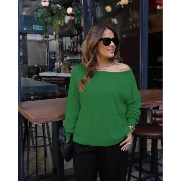 Kadın Uzun Kollu Tek Omuzu Açık Salaş Triko Bluz