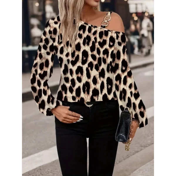Kadın Uzun Kollu Tek Omuzu Açık Tokalı Leopar Desenli Modal Bluz