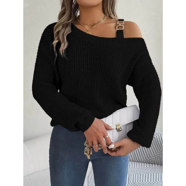 Kadın Uzun Kollu Tek Omuzu Açık Tokalı Triko Bluz