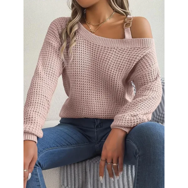 Kadın Uzun Kollu Tek Omuzu Açık Tokalı Triko Bluz