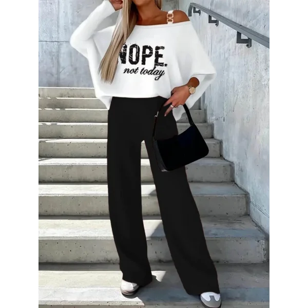 Kadın Uzun Kollu Tek Omuzu Açık Tokalı Yarasa Kol Iki Iplik şardonlu Bluz Ve Pantolon Ikili Takım