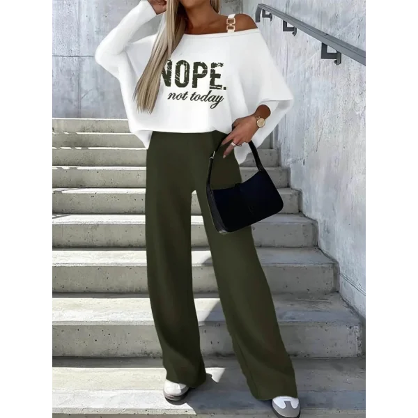 Kadın Uzun Kollu Tek Omuzu Açık Tokalı Yarasa Kol Iki Iplik şardonlu Bluz Ve Pantolon Ikili Takım