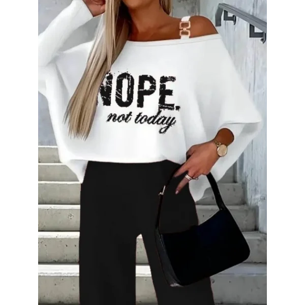 Kadın Uzun Kollu Tek Omuzu Açık Tokalı Yarasa Kol Iki Iplik şardonlu Bluz Ve Pantolon Ikili Takım