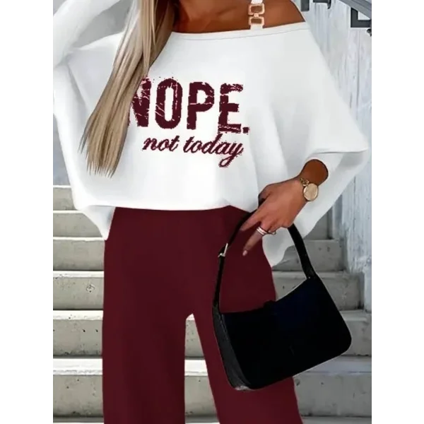 Kadın Uzun Kollu Tek Omuzu Açık Tokalı Yarasa Kol Iki Iplik şardonlu Bluz Ve Pantolon Ikili Takım