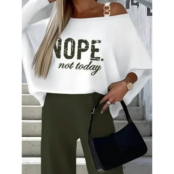 Kadın Uzun Kollu Tek Omuzu Açık Tokalı Yarasa Kol Iki Iplik şardonlu Bluz Ve Pantolon Ikili Takım