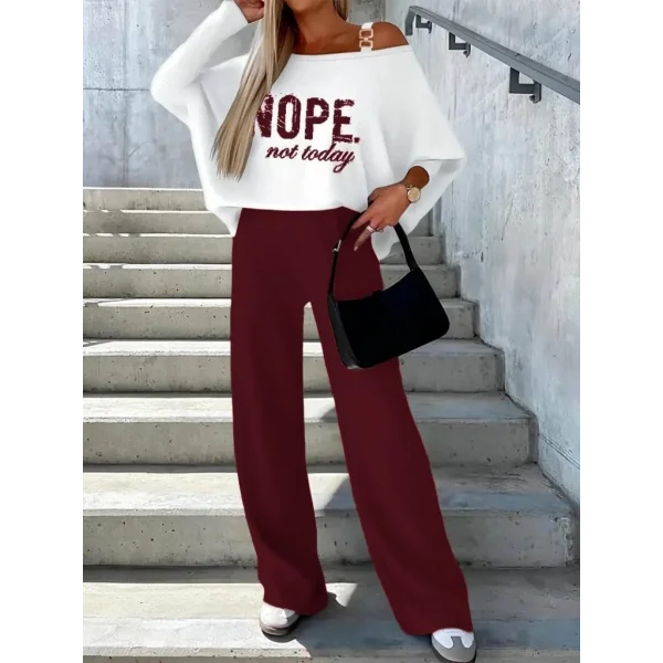 Kadın Uzun Kollu Tek Omuzu Açık Tokalı Yarasa Kol Iki Iplik şardonlu Bluz Ve Pantolon Ikili Takım