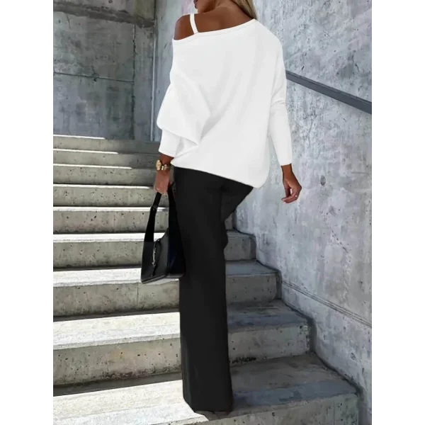 Kadın Uzun Kollu Tek Omuzu Açık Tokalı Yarasa Kol Iki Iplik şardonlu Bluz Ve Pantolon Ikili Takım