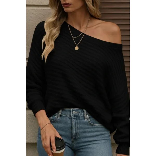 Kadın Uzun Kollu Tek Omuzu Açık Triko Bluz