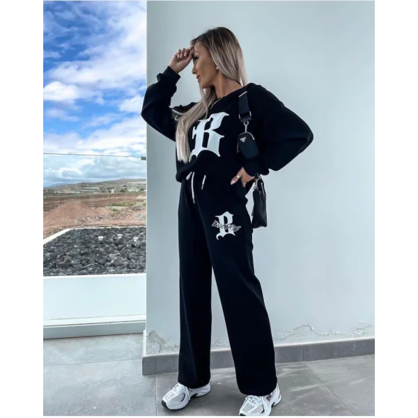 Kadın Uzun Kollu Tek Omuzu Açık Uzun Kollu Iki Iplik Bluz Ve Bağcıklı Pantolon Ikili Takım