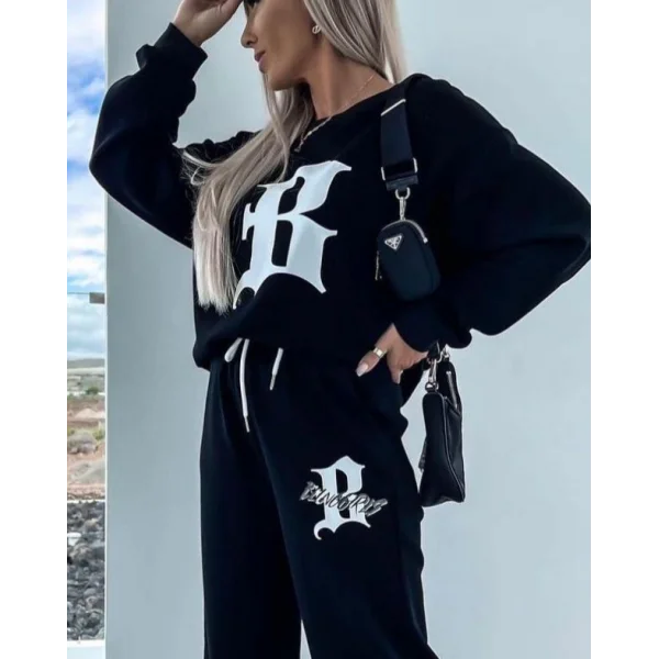 Kadın Uzun Kollu Tek Omuzu Açık Uzun Kollu Iki Iplik Bluz Ve Bağcıklı Pantolon Ikili Takım