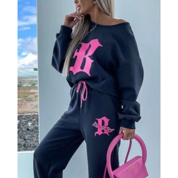 Kadın Uzun Kollu Tek Omuzu Açık Uzun Kollu Iki Iplik Bluz Ve Bağcıklı Pantolon Ikili Takım