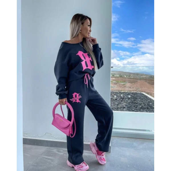 Kadın Uzun Kollu Tek Omuzu Açık Uzun Kollu Iki Iplik Bluz Ve Bağcıklı Pantolon Ikili Takım