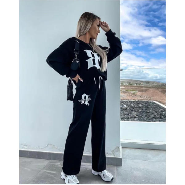 Kadın Uzun Kollu Tek Omuzu Açık Uzun Kollu Iki Iplik Bluz Ve Bağcıklı Pantolon Ikili Takım