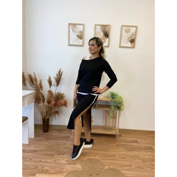 Kadın Uzun Kollu Tek Omuzu Açık Viskon Bluz Içi Atletli Ve Yandan şeritli üçlü Viskon Ikili Takım