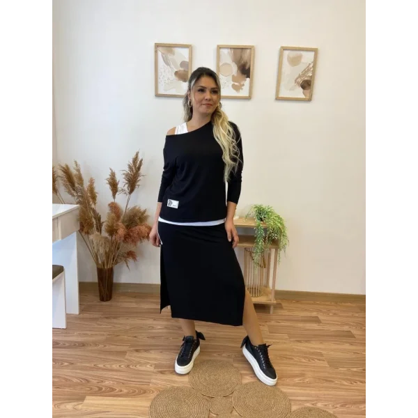 Kadın Uzun Kollu Tek Omuzu Açık Viskon Bluz Içi Atletli Ve Yandan şeritli üçlü Viskon Ikili Takım