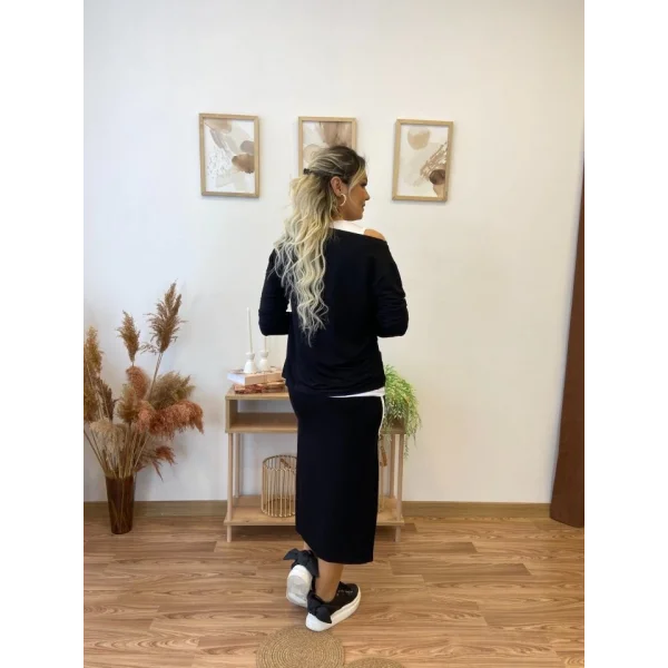 Kadın Uzun Kollu Tek Omuzu Açık Viskon Bluz Içi Atletli Ve Yandan şeritli üçlü Viskon Ikili Takım