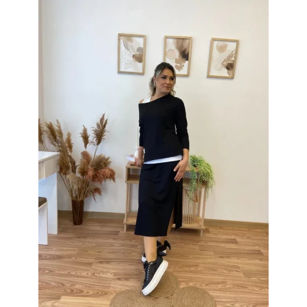 Kadın Uzun Kollu Tek Omuzu Açık Viskon Bluz Içi Atletli Ve Yandan şeritli üçlü Viskon Ikili Takım