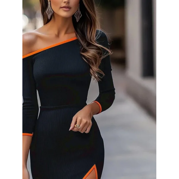 Kadın Uzun Kollu Tek Omuzu Açık Yandan Yırtmaçlı Midi Kaşkorse Elbise