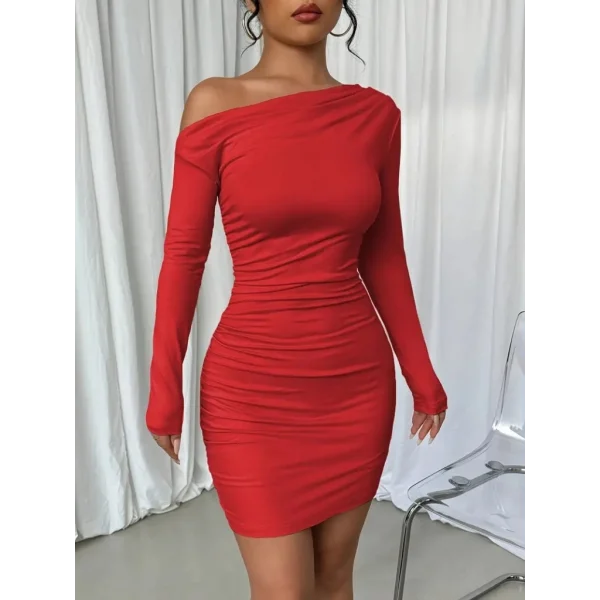 Kadın Uzun Kollu Tek Omuzu Açık Yanlardan Büzgülü Kısa Sandy Elbise