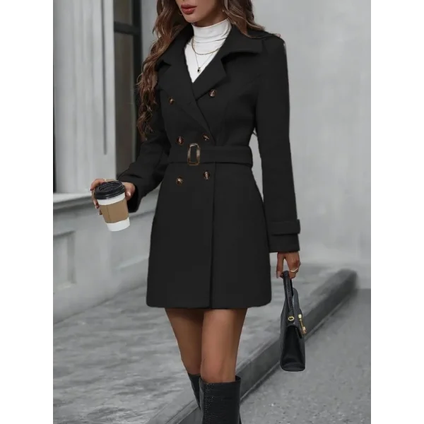 Kadın Uzun Kollu Tokalı önden Düğmeli Beli Kuşaklı Kısa Kaşe Kaban