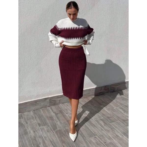 Kadın Uzun Kollu Triko Etekli Takım