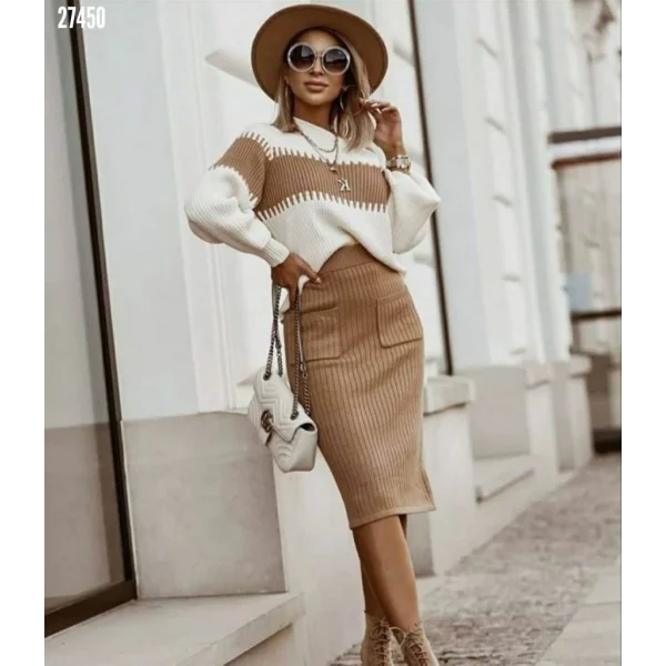 Kadın Uzun Kollu Triko Etekli Takım