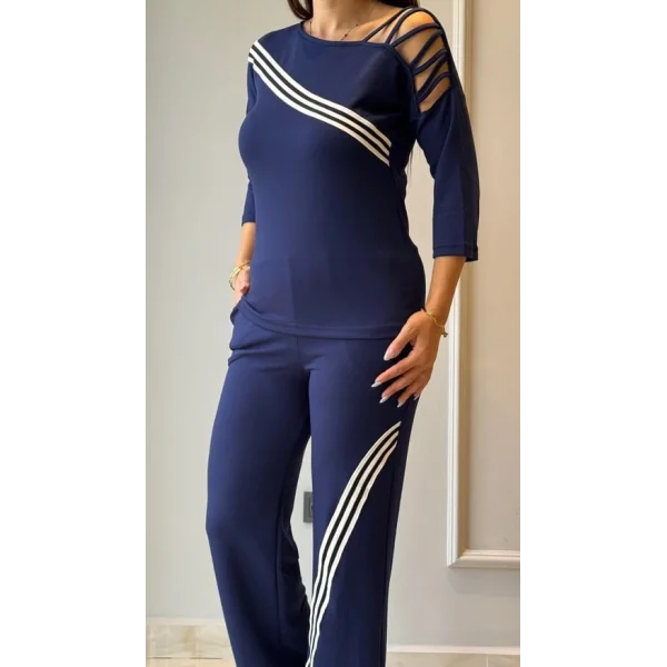 Kadın Uzun Kollu Truvakar Kol Tek Omuz çapraz şerit Detaylı Ribanalı Viskon Iki Iplik Bluz Ve Pantolon Ikili Takım