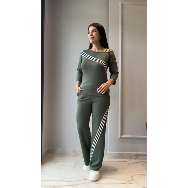 Kadın Uzun Kollu Truvakar Kol Tek Omuz çapraz şerit Detaylı Ribanalı Viskon Iki Iplik Bluz Ve Pantolon Ikili Takım