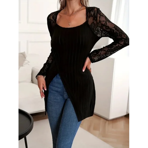 Kadın Uzun Kollu Tül Detaylı Kare Yakalı Asimetrik Kesim şardonlu Dalgıç Bluz