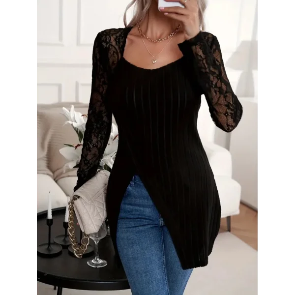 Kadın Uzun Kollu Tül Detaylı Kare Yakalı Asimetrik Kesim şardonlu Dalgıç Bluz