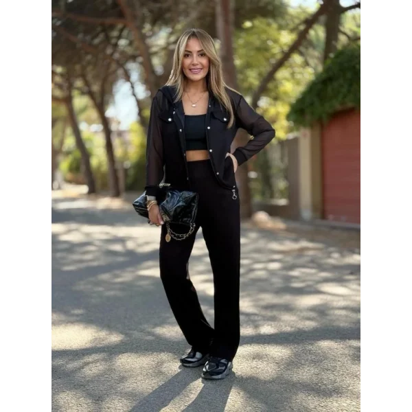 Kadın Uzun Kollu Tül Detaylı önü Düğmeli Viskon Iki Iplik Ceket Ve Pantolon Ikili Takım