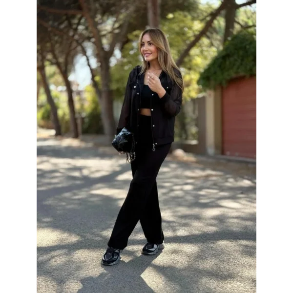 Kadın Uzun Kollu Tül Detaylı önü Düğmeli Viskon Iki Iplik Ceket Ve Pantolon Ikili Takım