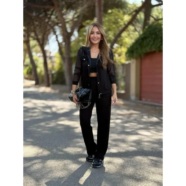 Kadın Uzun Kollu Tül Detaylı önü Düğmeli Viskon Iki Iplik Ceket Ve Pantolon Ikili Takım