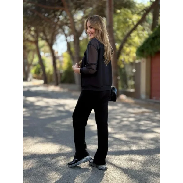 Kadın Uzun Kollu Tül Detaylı önü Düğmeli Viskon Iki Iplik Ceket Ve Pantolon Ikili Takım