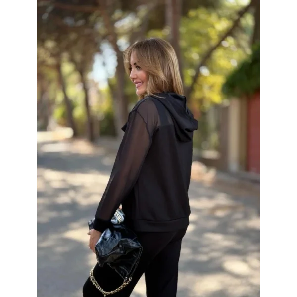 Kadın Uzun Kollu Tül Detaylı önü Düğmeli Viskon Iki Iplik Ceket Ve Pantolon Ikili Takım