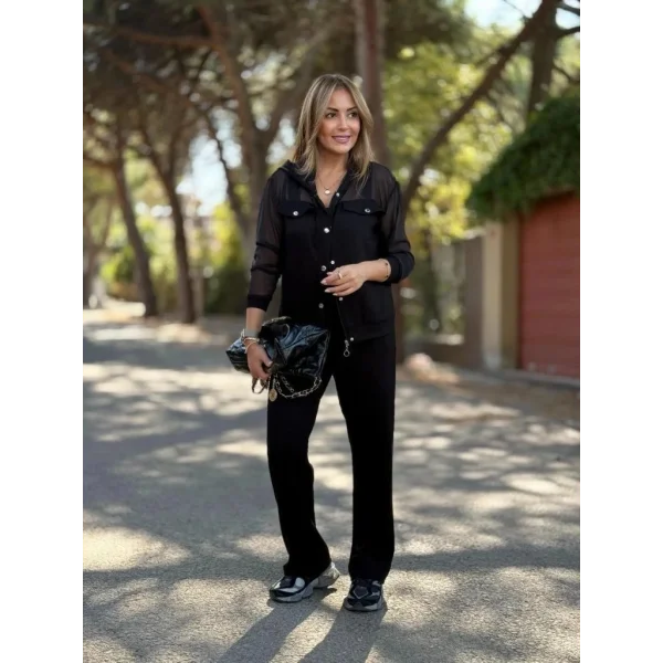 Kadın Uzun Kollu Tül Detaylı önü Düğmeli Viskon Iki Iplik Ceket Ve Pantolon Ikili Takım