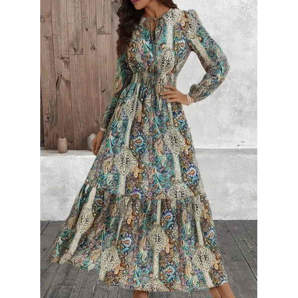 Kadın Uzun Kollu Uakadabağcıklı Beli Lastikli Desenli Uzun Süprem Elbise