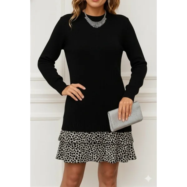 Kadın Uzun Kollu üst şardonlu Kaşkorse Alt Süprem Desenli Elbise