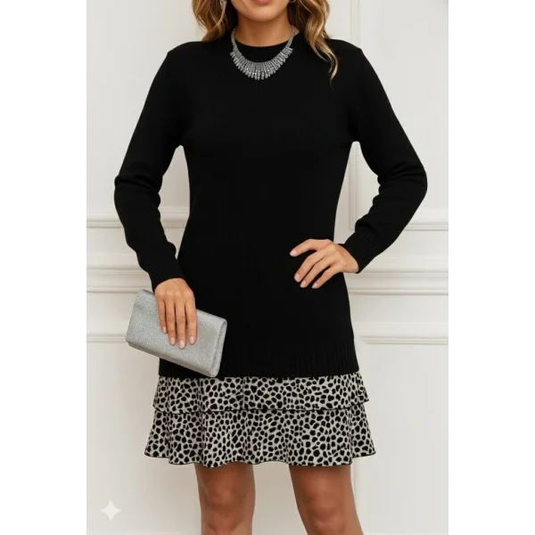 Kadın Uzun Kollu üst şardonlu Kaşkorse Alt Süprem Desenli Elbise