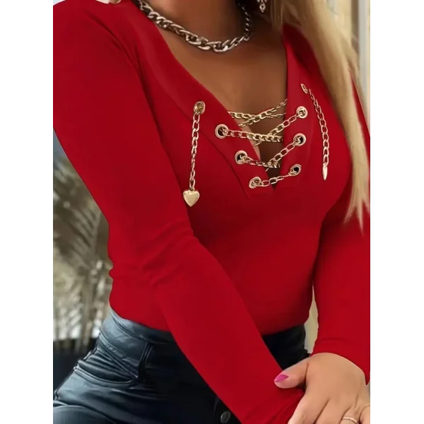 Kadın Uzun Kollu V çapraz Zincir Detaylı Kaşkorse Bluz