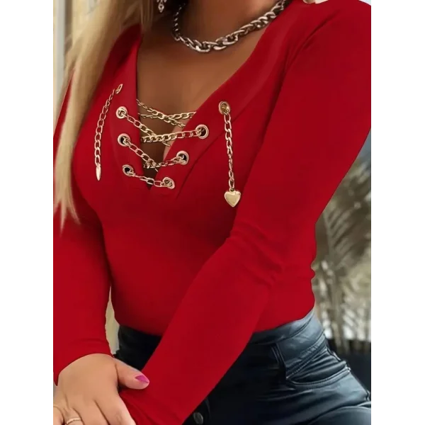 Kadın Uzun Kollu V çapraz Zincir Detaylı Kaşkorse Bluz