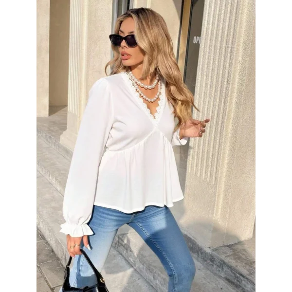 Kadın Uzun Kollu V Dantel Yaka Aerobin Bluz