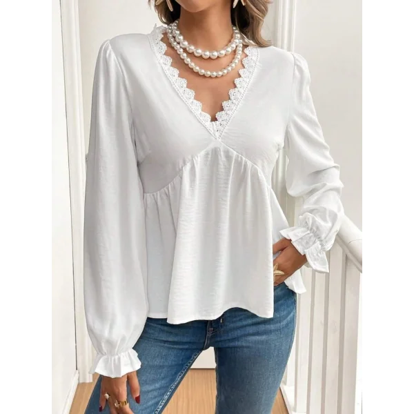 Kadın Uzun Kollu V Dantel Yaka Aerobin Bluz